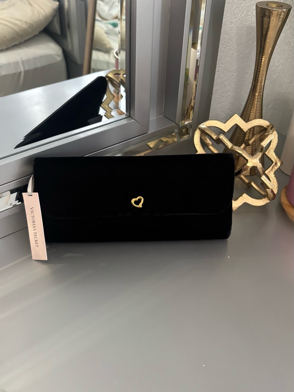 Victoria's Secret Black Velvet Clutch with Gold Heart Accent